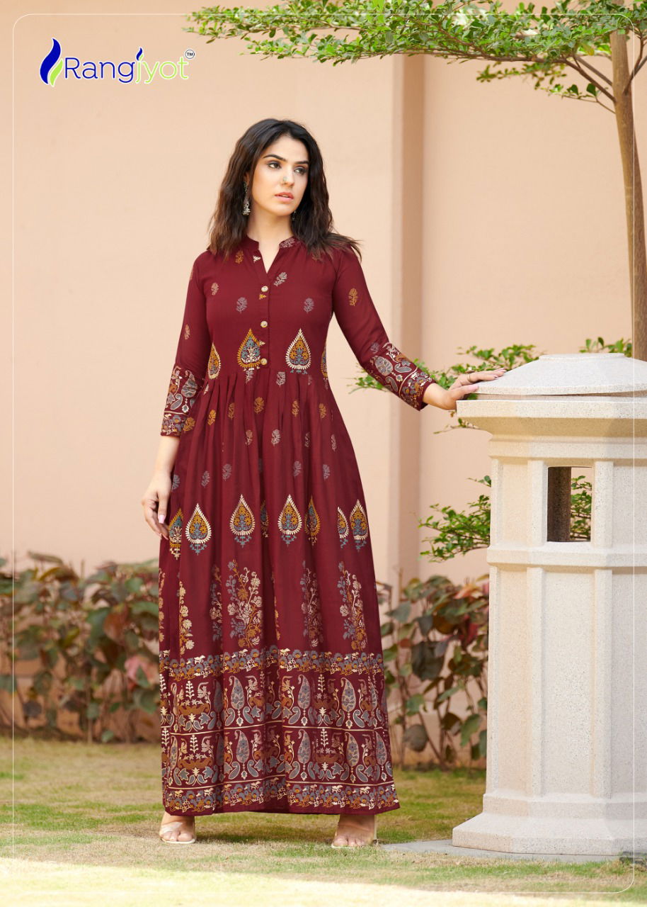Rangjyot Sehnaaz 501 Rayon Designer Party Wear Long Anarkali Kurti Collection